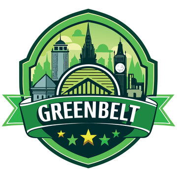 Greenbelt Eco Friendly City Badge Logo, Sustainable Urban Development Emblem with London Skyline and Star Rating Vector Illustration
