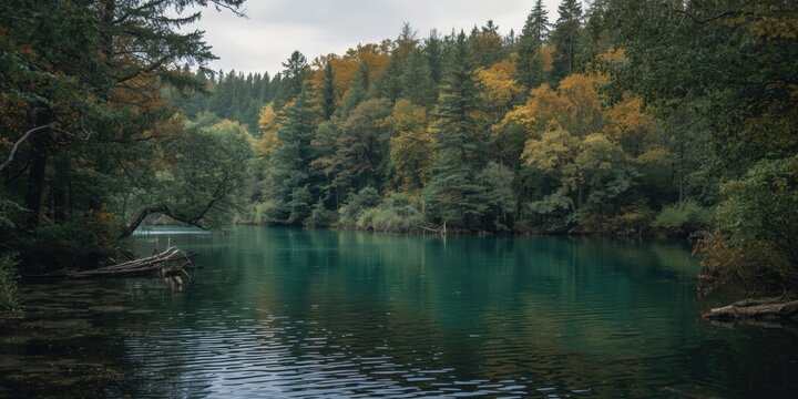 Pristine water landscape framed by flourishing woodland ecosystem