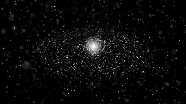 Animated spiral galaxy rotates in deep space, luminous core and drifting particles create layered depth effect. Spiral galaxy motion forms abstract cosmic background for astronomy concepts
