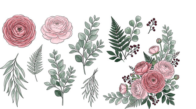 Elegant vector floral collection with pink ranunculus flowers green eucalyptus leaves fern branches and berries isolated on white background (18 words)
