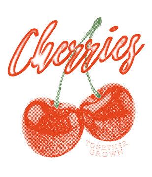 Retro Cherries Typography Illustration with Halftone Effect and Slogan, vintage grunge effects, summer food fashion for girl's, fashion designs. T-shirt print design. tropical summer food prints.
