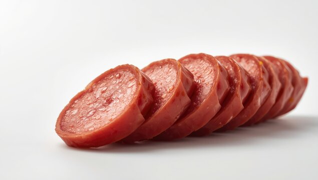 Sliced smoked sausage arranged on a white background