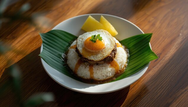 Tropical gourmet loco moco styled meal atop steaming rice