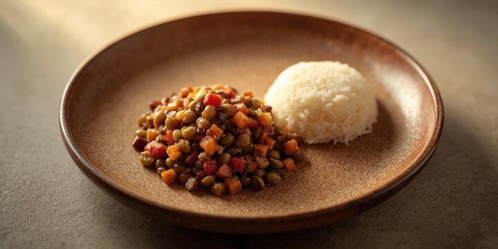 Light aubergine lentil salad served with steamed rice