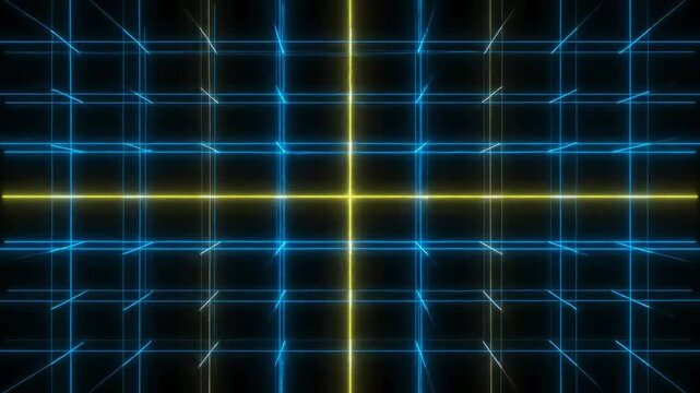 Glowing blue and yellow grid pattern on black background, futuristic