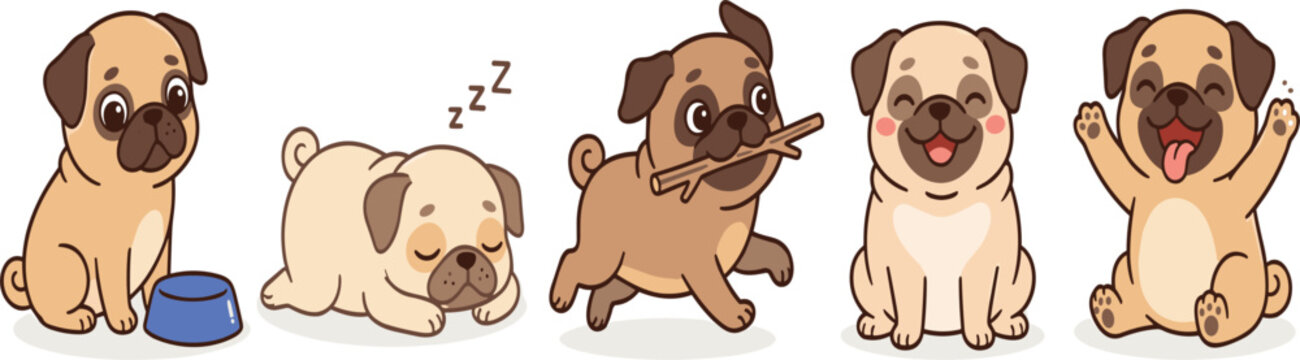 Cute pug puppy dog cartoon character vector illustration set showing different poses sleeping running and sitting actions
