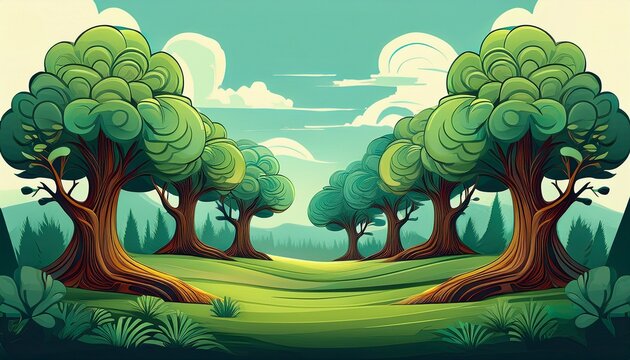flat stylized trees in a lush green forest clearing
