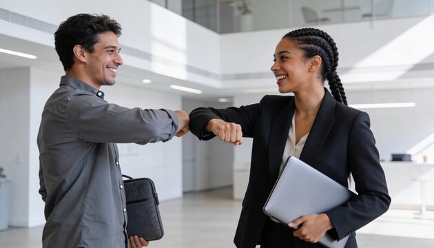 Diverse young professionals greeting with an elbow bump in a modern office. Smiling colleagues meeting in a corporate lobby. First workday and graduate career concept