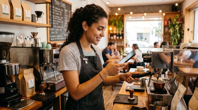 Smiling barista using tablet while preparing coffee at cafe counter with espresso machine and coffee beans