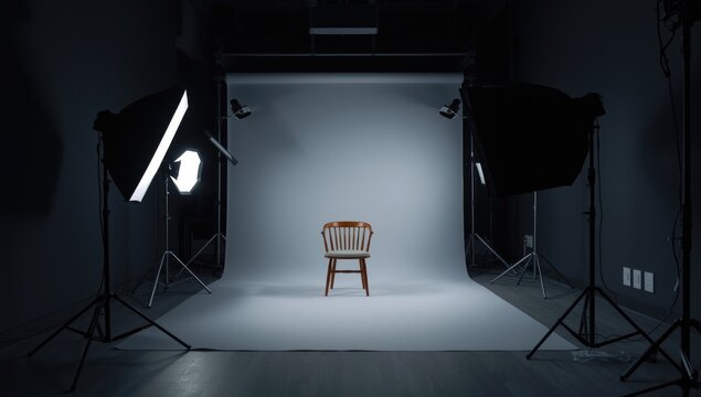 Wooden chair in a photography studio with lighting setup