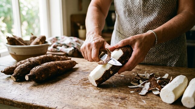 Person peeling cassava root vegetable on a rustic wooden table preparing for cooking