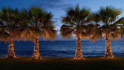Fototapeta premium Holiday decorated tropical trees with ocean backdrop
