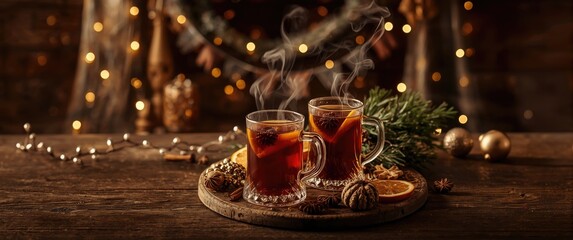 Fototapeta premium Glasses of warm spiced tea with fruits on a wooden table