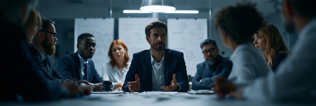 A group of campaign strategists around a conference table with blank posters and marked-up charts, tense and focused mood, cool overhead office lighting, wide composition with one speaker leading the
