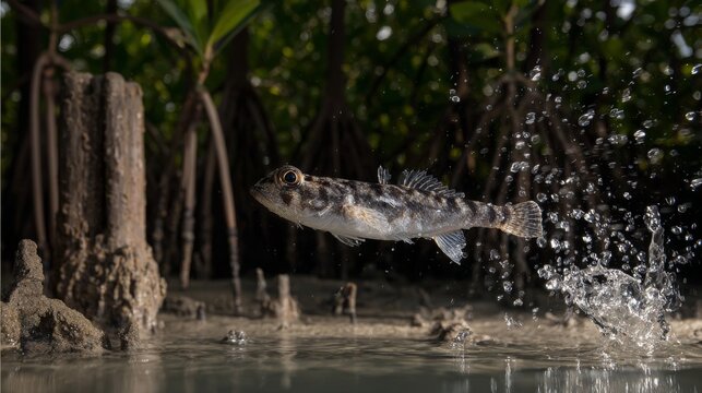 Mudskipper jumping from a muddy puddle in a mangrove forest, showing amphibious wildlife in a tropical wetland habitat with natural motion, biodiversity, ecosystem adaptation and survival