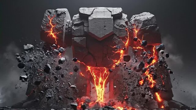 Giant stone golem statue cracking and exploding with burning lava flowing from inside on dark smoky background concept of awakening power and destruction