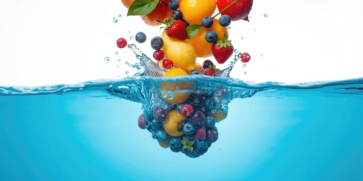 Lush multi fruit falling into bright blue water symbolizing health and freshness against a white backdrop