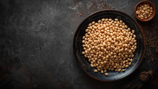 Natural raw mung beans on a flat dish with clear copy space for design