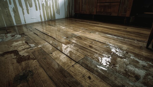 Kitchen floor impacted by water damage from indoor leak flood