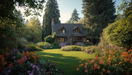 Fototapeta premium Peaceful residence set among a vibrant garden bursting with radiant flowers and towering trees