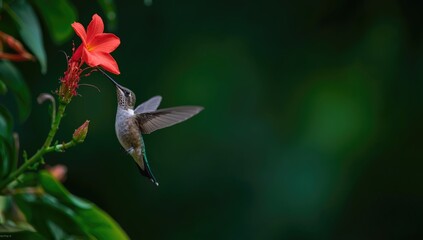 Fototapeta premium Hummingbird feeding on a vibrant red flower