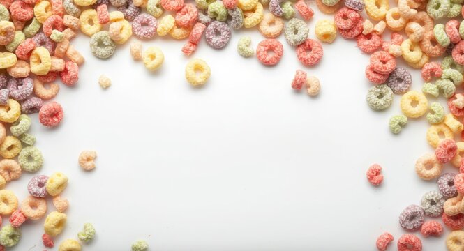 White background with colorful fruit loops and copy space for text