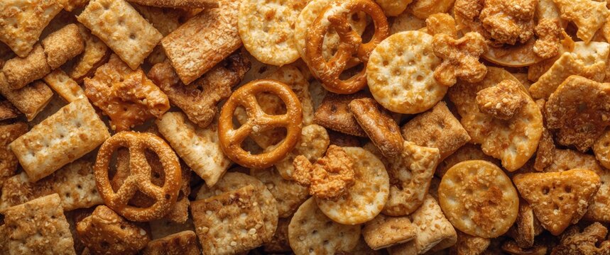 Variety of savory snack crackers and pretzels scattered on a surface