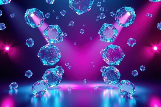Vibrant geometric shapes float above reflective surface. Intense purple, blue lighting creates futuristic scene. Dramatic illumination.