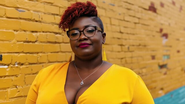 Radiant Black woman with short curly red hair wearing eyewear and mustard yellow dress poses confidently in front of bright yellow brick wall in sunny city