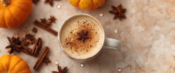 Fototapeta premium Pumpkin spice latte with star anise on a marble background