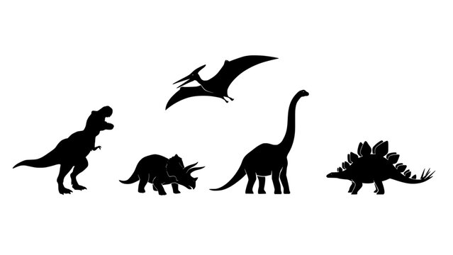 Dinosaurs in Various Poses Standing on Ground with Pterosaur Flying Above Featuring Prehistoric, Animals, Reptiles