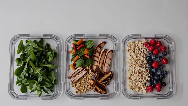 An organized and healthy meal prep setup with plastic containers arranged neatly on a white background, viewed from a top-down perspective. Includes salad, grilled chicken, berries, and ase.