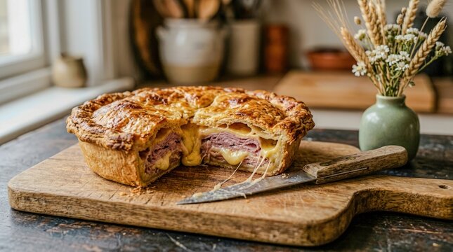 Delicious savory pie with golden crust, filled with ham and cheese, served on a wooden board with a knife.