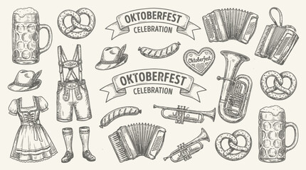 Obraz premium Traditional Bavarian Oktoberfest Celebration Illustration Featuring Artistic Doodles of Beer Mug Pretzels Sausage Accordion and Alpine Hat in Festive Folk Style for German Beer Festival