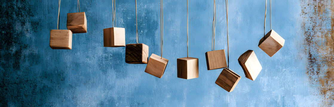 Wooden cubes are suspended on strings to create an abstract 3D design. Floating objects inhabit a textured blue backdrop. Shapes interconnect, achieving balance, symbolizing stability or instability.