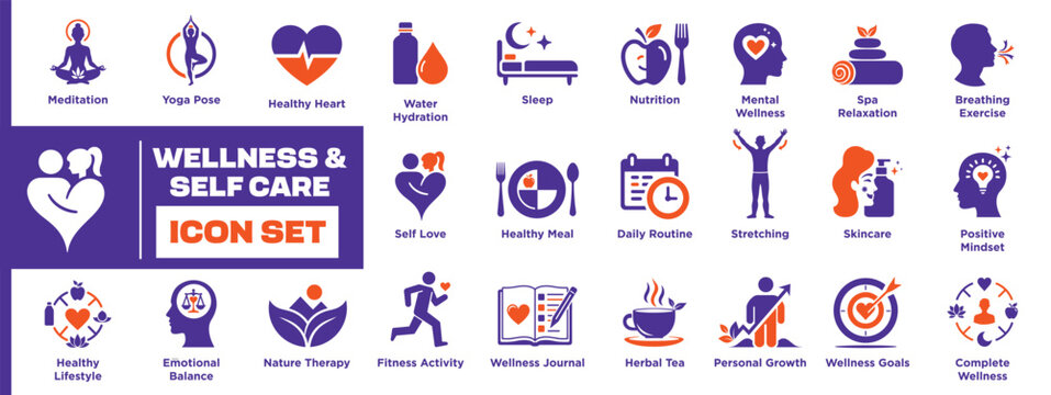 Wellness Self Care Healthy Lifestyle Mindfulness Meditation Nutrition Sleep Fitness Relaxation Personal Growth Modern Solid Pictogram Collection