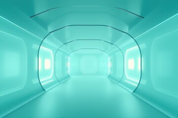 Fototapeta premium Futuristic corridor, teal hues dominate. Smooth curves, bright lights create depth. Clean lines suggest advanced technology, spacious interior.