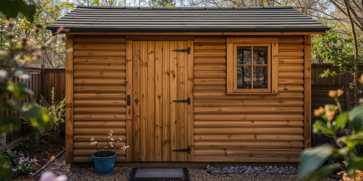 Wooden garden shed with a window and door