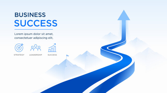 Business success vector illustration with upward arrow road, growth journey and leadership concept. Modern corporate banner template for presentation, finance, strategy, marketing
