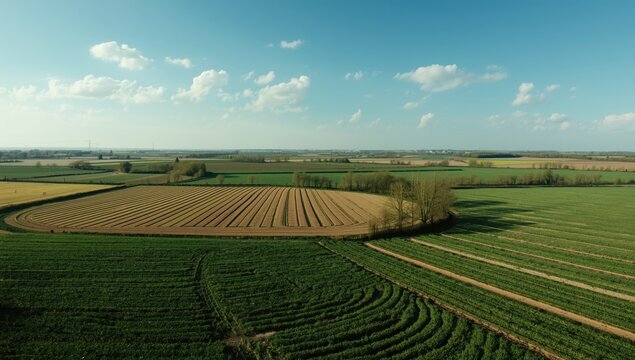 Aerial view of farmland with multiple field patterns