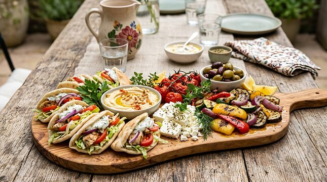 Fresh mediterranean food platter with pita bread chicken hummus feta cheese and roasted vegetables. Sandwich appetizer ideas