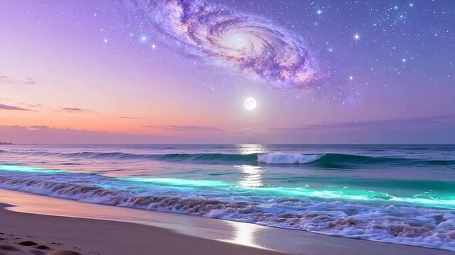Beach with glowing waves and galaxy sky