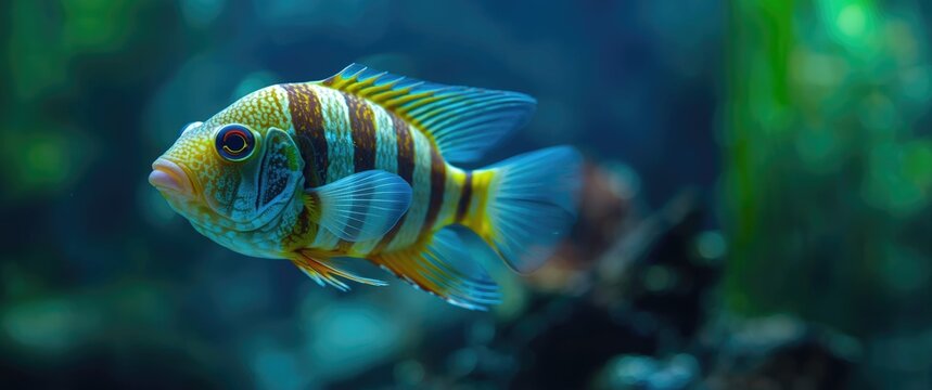 Vibrant aquatic Zebrasoma scopas pet moving through a tank with blue and green lighting