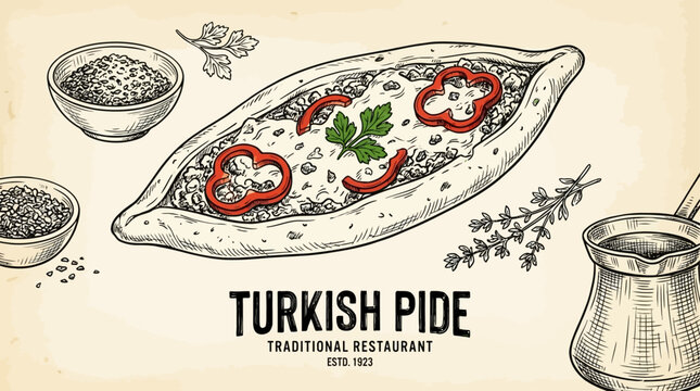 Hand drawn doodle of authentic Turkish pide with melted cheese, savory minced meat, and sliced pepper, traditional Mediterranean flatbread illustration on white background.