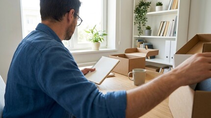 Fototapeta premium man unpacking cardboard boxes at home office desk with unboxing