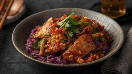 Fototapeta premium Stir-fried chicken with vegetables and purple rice in a bowl