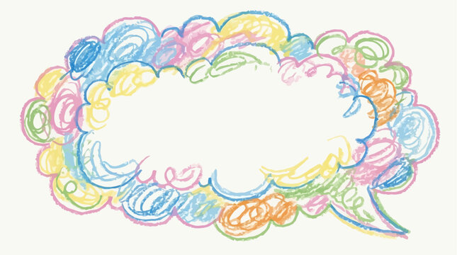 Vibrant crayon sketch featuring funky fluffy colorful speech bubbles and childish chalk scribble clouds on a textured background for playful creative graphic design and art projects.