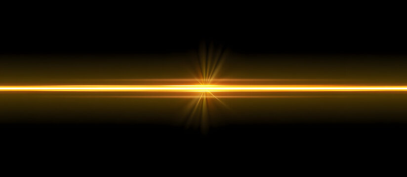 Glowing golden horizontal light line beam with a soft yellow shine and blur effect on a transparent background for overlay, divider, border, poster, banner, template, creative graphic design elements,
