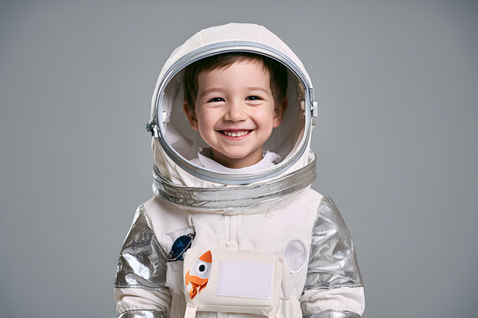 A gleeful young boy in an astronaut outfit, complete with helmet and patches of a rocket and planet, smiles, embodying the excitement of space exploration and childhood aspirations