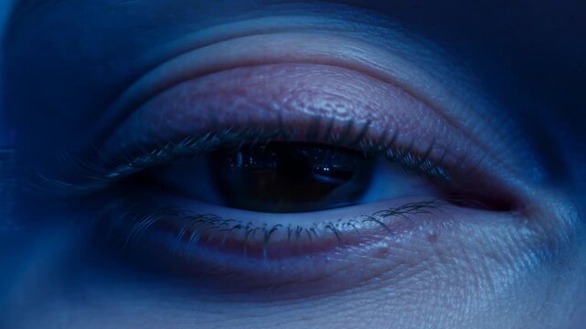 Extreme close up of a human eye opening under blue light with screen reflection.